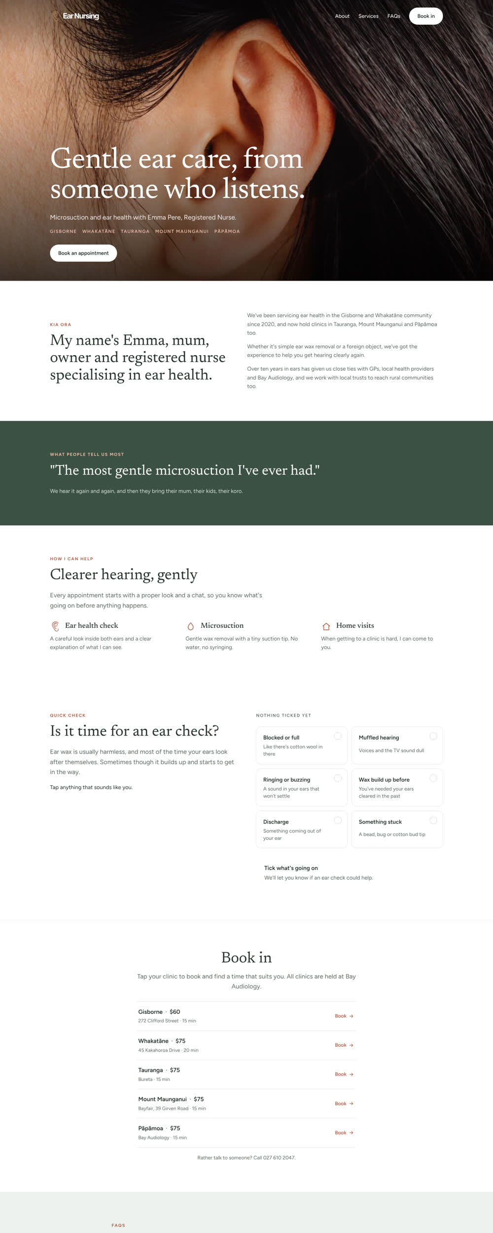 Ear Nursing landing page with the headline Gentle ear care, from someone who listens