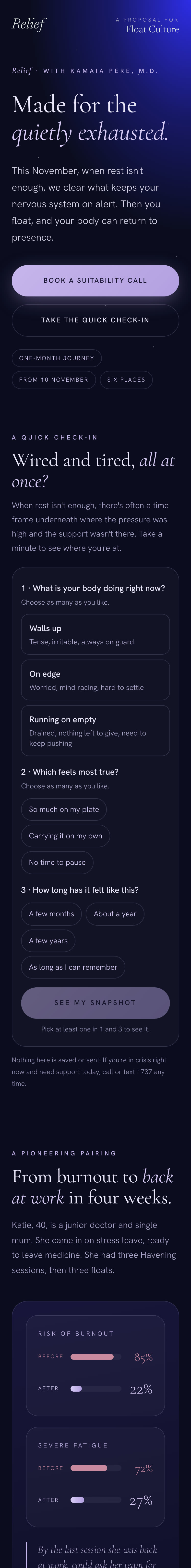 Relief at Float Culture page on a phone